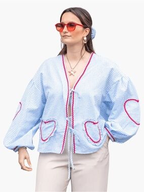 Light Blue Gingham Tie-Front Blouse with Heart Pockets